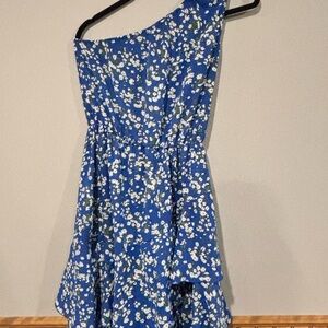 Royal Blue Floral One-Shoulder Ruffle Layered Dress - Small - Pretty Garden